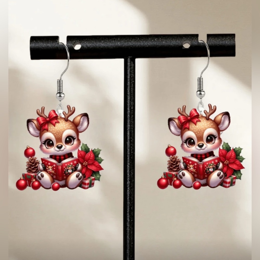 Reindeer Reading A Book Earrings with Red Accents - Picture 4 of 7
